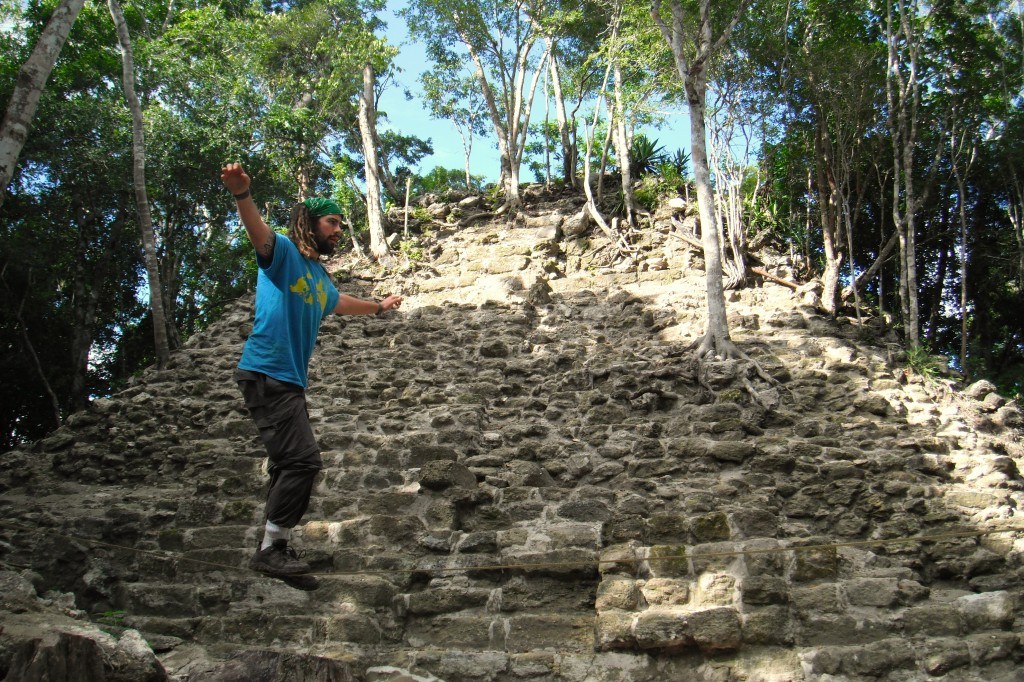 Jazza Slacklining On El Tigre Temple. Trekking In El Mirador