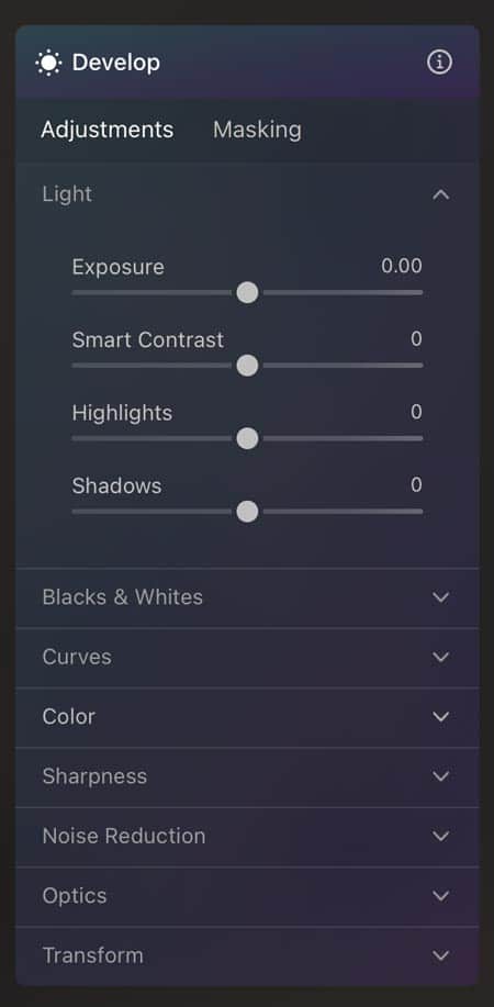 Luminar Neo Develop Sliders