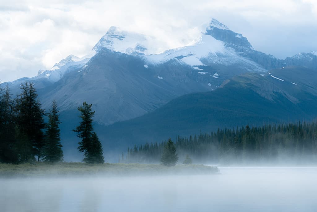 Snowy Mountain Maligne Lake Sunrise