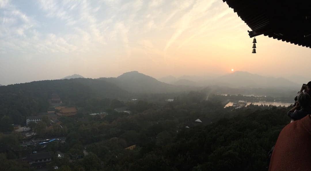 View From The Top Of Leifeng Pagoda. The Pollution Is Bad But It Makes The Sunset Weirdly Beautiful - Things To Do In Hangzhou